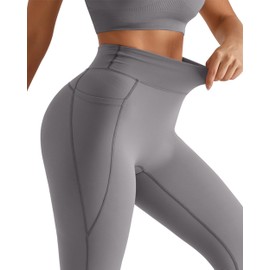 MOOSLOVER Women Workout Leggings with Pockets Compression Runnings Yoga Pants High Waisted Tummy Control Athletic Leggings(L,Grey)