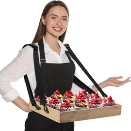 Wooden Snack Trays with Strap 15 x 11 x 2 Inch Movie Night Party Serving Trays Usherette Popcorn Drink Beverage Carrier for 20's Theme Costume Carnival Valentine’s St. Patrick’s Day Prop(Wood)