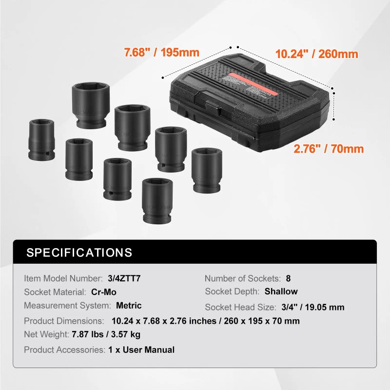 Large 3/4\" Drive 6-Point 8-Piece Metric Spindle Nut Socket Set