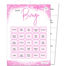 Olivia Samuel 16 Player Bingo Baby Shower Game - Pink Glitter Effect Design (16 Guest Cards + 4 Sheets of Calling Cards for The Host + Winner's Certificate)