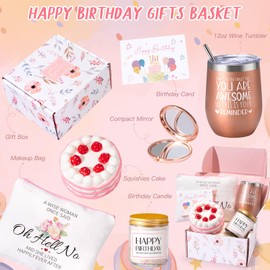 Suhctuptx Birthday Gifts for Women Happy Birthday Gift Basket for Women Unque Birthday Box Friends Female Birthday Gift Ideas for Sister Coworker Her Bestie Friends with Tumbler Cup (Pink)