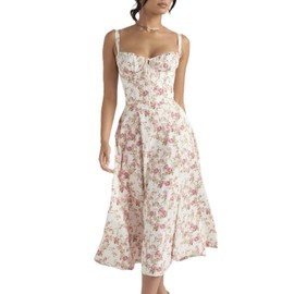 Mars power Women's Corset Dresses Floral Print Boho Flowy Slit Dress Midi Beach Casual Sundress Vacation Outfits (White Red Floral,S)