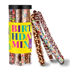 On Occasion Happy Birthday Chocolate Covered Pretzel Rods Gift Box - Premium Variety Kosher Chocolate Dipped Pretzels Individually Wrapped