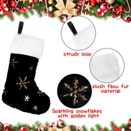 CCINEE 4PCS Black Christmas Stockings,18 Inch Large Plush Faux Fur Xmas Stocking with Golden Snowflake Sequin Glitter Snowflake Hanging Stocking for Christmas Tree Wall Fireplace Home Decoration