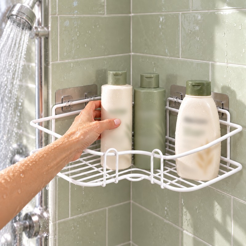 1PC Wall Mounted Non-Perforated Metal Triangle Storage Rack for Bathroom