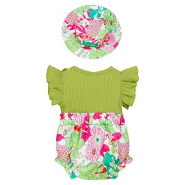 SUNNY PIGGY Newborn Baby Girl Clothes Summer Sleeveless Jumpsuit One Piece Rompers and Hat Set Cute Bow Floral Outfits 3-6 Month Girl Clothes Infant Green Outfit