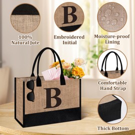 Initial Jute Tote Bag & Makeup Bag, Birthday Gifts for Women Her Mom Teachers Friends, Black Brown, Large