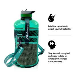NAVIVVA SPLENDID Large 2L Water Bottle with Insulating Neoprene Cover and Straw Lid - BPA-Free, Dishwasher Safe, Portable, Eco-friendly with Carry Handle – Huge 2.2 Litre Capacity. (Green Jungle)