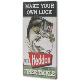 Heddon Lures Make Your Own Luck Metal Sign - Vintage Heddon Wall Decor for Man Cave or Garage