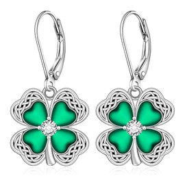 Shamrock Earrings St Patricks Day Earrings for Women Celtic Knot Irish Four Leaf Clover Sterling Silver Dangle Shamrock Gifts