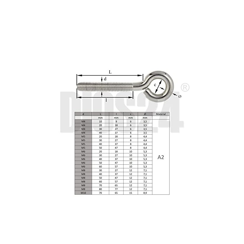 DIOS24 Pack of 25 Eye Bolts with Metric Thread M6-50