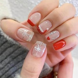 Vokupoga Christmas Short Press on Nails French Tip Fake Nails Square False Nails with Elk Santa Hat Designs Glitter Glue on Nails Christmas Nails Cute Xmas Stick on Nails for Women 24Pcs