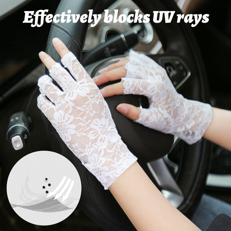 Tidyworm Women's Lace Gloves, Fingerless, UV Protection, Summer, Stylish, Floral