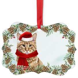 Ginger Maine Coon Cat Christmas Ornament 2025 Benelux Aluminum Holiday Decoration with Pinecone Red Scarf Santa Hat Winter Home Decor Gifts for Cat Lovers