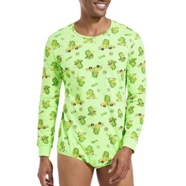 Landofgenie Mens Long Sleeve Onesie Cotton Romper Pajama One Piece Bodysuit Print Jumpsuit Dinosaur Green 3XL