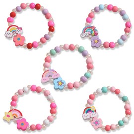 Glowjoy Pack of 5 Rainbow Beads Bracelets, Girls Jewellery Beads Bracelet, Colourful Wooden Flowers Jewellery, for Christmas Party, Party Bags, Children's Birthday, Girls, Small Gifts, Children
