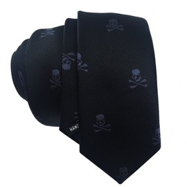 Mens Fashion Polyster Skinny Ties Necktie Bowtie Pocket Square 3PCS Set (Black and Skull Pattern)