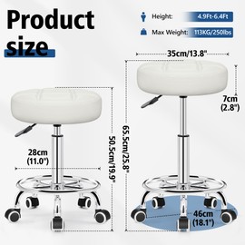 Brick Attic Rolling Stool with Wheels, PU Leather Small Office Chair with Foot Rest,Versatile Adjustable Swivel Stool for Tattoo Massage Salon Spa Teach Medical Facial Office Home Work Kitchen White