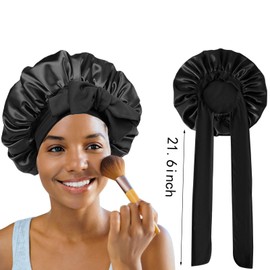 Silk Bonnet Satin Hair Bonnet for Sleeping Large Bonnets with Tie Band Hair Wrap with Adjustable Straps Hair Cap for Women Curly Hair(Black, L)