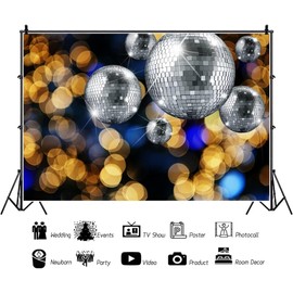 Renaiss 9x6ft Sliver Discos Ball Party Backdrop Golden Bokeh Neon Night Club Music Dance Stage Theme Photography Background for 70s 80s 90s Discos Theme Party Decor Photo Studio Props