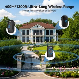 TECKNET Wireless Doorbell - IP65 Waterproof Twin Door Bell, Plug in Wireless Doorbell with 2 Receivers at 1300ft/400M Wireless Range, 60 Chimes, 5 Level Volumes & Blue Light, Plug in Door Bell, Black