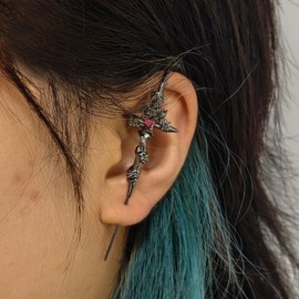 Goth Ear Hook Earrings Myth Of The Moon Ear Punk Moon Star Butterfly Snake Cross Needle Piercing Earring Halloween Witchy Jewelry for Women (C-black)