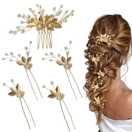 WUSJCOF 5 Stück Braut Haarnadeln Vintage Kopfstück Hochzeit Haaraccessoires Schmuck Mit Strass (Kristall,Perlen,Blätter) (Goldene)