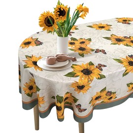 Sunflower Oval Tablecloth 60 x 84, Vintage Floral Tablecloth Table Cover, Washable Sunflowers Butterfly Table Cloths for Parties, Kitchen Dining Table, Polyester Fabric Flower Tablecloth, Decor