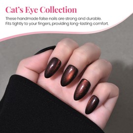 Cat Eye Press on Nails Short Almond - Reddish Brown Shimmer Glossy Press on Nails for Women Gift, Soft Gel Press Glue On Nail with Nail Glue, Supremely Fit Full Cover Reusable Acrylic Fake Nails Kit