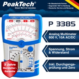PeakTech 3385 Multimeter Analogue - Meter with Voltmeter, Ammeter, Continuity Tester, Ohm Meter, dB, 600V AC DC 10A, Suitable for 230V Electrical Installation, P 3385