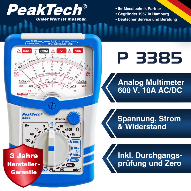 PeakTech 3385 Multimeter Analogue - Meter with Voltmeter, Ammeter, Continuity