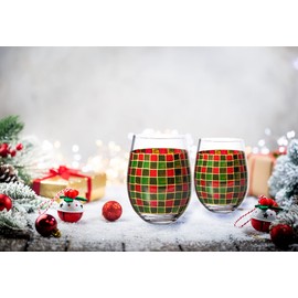 The Wine Savant Crystal New Years Artisanal Hand Painted Stemless Glasses Set of 2 - Rennesance Romantic Stain-glassed Windows - Festive Holiday Perfect for Holidays Parties, Gifts for Him & Her