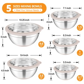 TeamFar Mixing Bowls, 5PCS Stainless Steel Serving Salad Bowls with Lids, For Kitchen Mixing/Baking/Storing/Prepping, Visible & Airtight, Non-Slip Bottom - 4.6/3.5/1.5/1 / 0.7 QT, Khaki