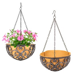 Sungmor 2PC 11" Dia. Large Cast Iron Hanging Baskets w/Fabric Liner, Rustic Brown Heavy-Duty Outdoor Hanging Planters Plant Pot Holders, Garden Yard Terrace Patio Porch Decorative Metal Flower Basket