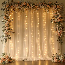 Patioman 10x10ft Champagne Tulle Backdrop Curtain with String Lights, Wrinkle-Free Sheer Wedding Backdrop for Birthday Parties, Baby Shower, Bridal Shower, Photo Shoots and Home Decorations, Champagne