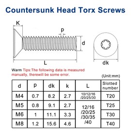 Drenky Pack of 20 M6 x 20 mm Countersunk Screws Torx Black Stainless Steel A2 V2A Machine Screws Standard Quincunx Countersunk Screws with Nose Thread Screws for Machine Equipment and Home Furniture