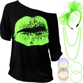 Blulu Women's 80s Costume Accessory Set, Lips Print T-Shirt, Lace Headband, Earrings, Necklaces, Bracelet for 80s Theme Party, l
