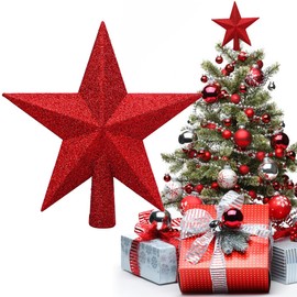 Christmas Tree Topper Star, Star Christmas Tree Topper, Shiny Poinsettia, Christmas Tree Topper for Christmas Tree Decoration, Party Decoration (20 cm) (Red)