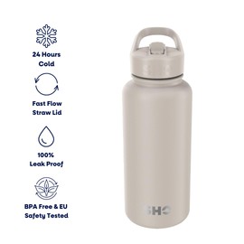 SHO Stainless Steel Guzzler Water Bottle with Straw Lid - Leakproof, Dishwasher Safe, BPA Free, No Sweat, Vacuum Insulated Double Walled Metal Flask, 950ml & 1900ml - 24 Hours Cold (Soft Taupe, 950ml)
