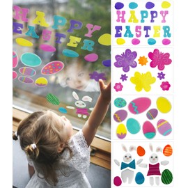 Easter Window Stickers, 4 Sheets 44Pcs Happy Easter Stickers, Easter Decorations, Easter Bunny Window Clings with Eggs, Butterfly, Flower