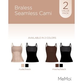 MeMoi 2 Pack Braless Cami Tops for Women, Seamless Shaping Camisoles for Women, Nylon Cami - Sizes Medium - 1X, Nude/Black, Large