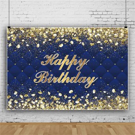 Renaiss 5x3ft Happy Birthday Backdrop Banner Royal Diamonds Gold Blue Photography Background for Men Women 30th 40th 50th 60th 70th 80th Birthday Party Decor Glittering Navy Bday Photo Booth Props