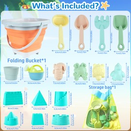 VEEKAY Sand Toy Beach Toy Children, 18-Piece Sand Toy Set, Sandpit Toy with Foldable Bucket, Shovel, Sand Rake, Mesh Bag, Sand Rake Toy, Sandcastle Construction Kit for Ages 1-5