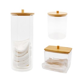 CiciIng Pack of 3 Cotton Buds Container & Cotton Pad Dispenser & Multi-Purpose Cylinder with Bamboo Lids, Transparent Storage Box for Ear Sticks, Cotton Pads, Cotton Balls