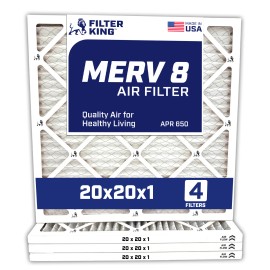 Filter King 20x20x1 Air Filter 4-PACK MERV 8 Actual Size 19.5 x 19.5 x .75"