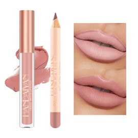 GEEWHILE Nude Lip Liner and Lipstick Set, Matte Non-Sticky Liquid Lip Gloss Lip Liner and Lip Stick Set, Long Lasting Waterproof Lip Stain, Highly Pigment Lipliner Pencil for Women Daily Makeup