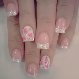 24Pcs Valentine's Day Heart Press on Nails Short French Tip Fake Nails Square Shape Press ons Press ons Valentines Heart with Rhinestones Design Full Cover False Nails Glue on Nails for Holiday Nails