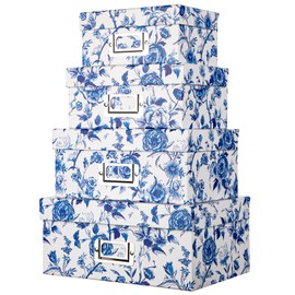 Briful Decorative Photo Storage Boxes with Lids, Set of 4 – Blue and White Porcelain Pattern, Nested Card Storage Box Organizer, Decorative Paperboard Box for Closet, Office, Gifts