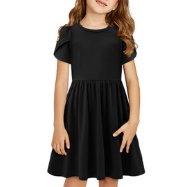 Yoklass Girls Dress Black Short Sleeve Summer Casual A Line Swing Flowy Skater Dress, 8-9 Years