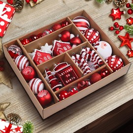 SHareconn 68ct Christmas Tree Balls Ornaments, Colorful Shatterproof Plastic Christmas Tree Ornaments, Xmas Decorative Baubles for Christmas Tree Decorations with Hanging Strings, Red & White